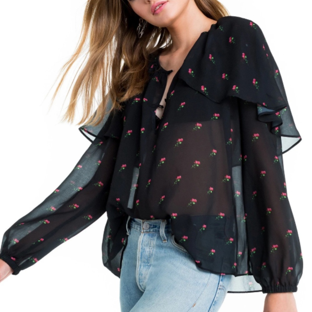 WILDFOX | Black Rose Print Sheer Blouse